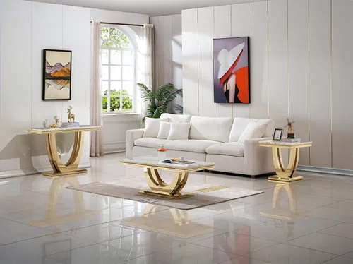 Vista 2 de Juego de mesa auxiliar de 2 piezas, mesa auxiliar de mármol sintético de oro blanco con 1 mesa auxiliar cuadrada, juego de mesa de sala de estar