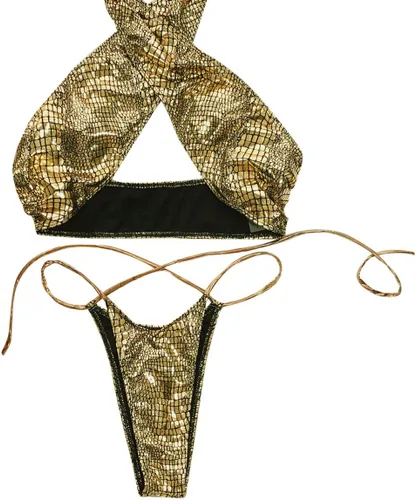 Vista 4 de JUMISEE Bikini con tiras de holograma brillante neón para mujer, sexy, halter envolvente, traje de baño con tanga para fiesta rave