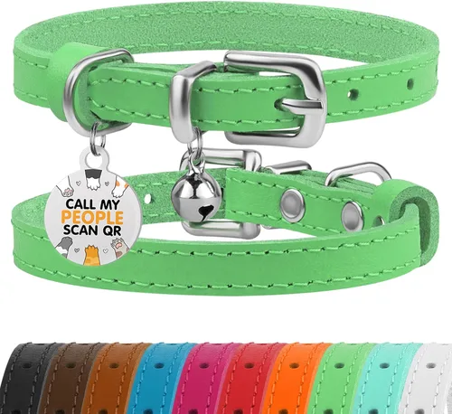 Vista 26 de BRONZEDOG Collar de cuero para gato con campanas extraíbles sin liberación rápida, etiqueta QR para gatito para niña y niño