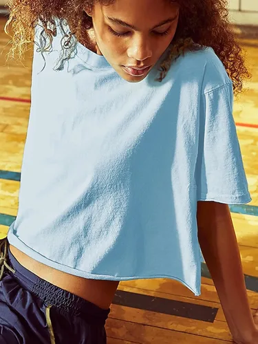 Vista 5 de ELGOGY Camisetas cortas de entrenamiento de gran tamaño para mujer, manga corta, cuello redondo, hombros caídos, cuadradas, de verano, casuales