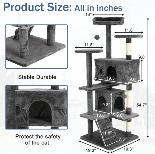 Vista 2 de Muebles para gatos de varios niveles de 54 pulgadas Torre Condominio Casa para gatos de interior - Ashy