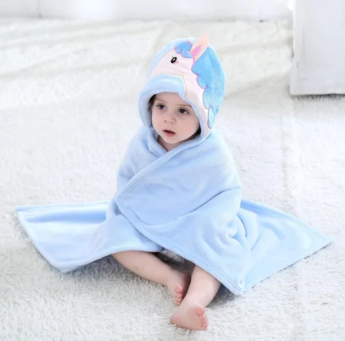 Vista 5 de TONWHAR Manta con capucha de cara de animal para bebés y niños de 0 a 4 años, manta de felpa para después del baño (caballo azul)