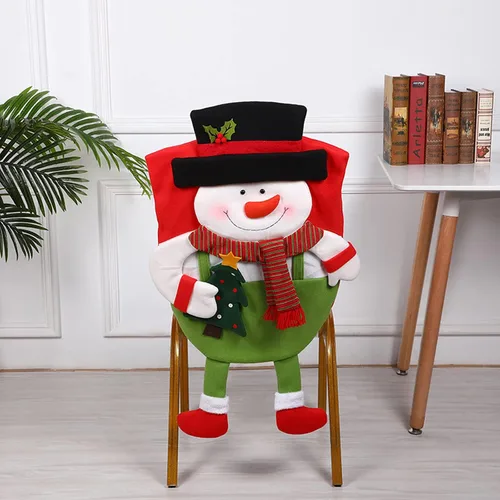 Vista 3 de Juego de 2 fundas para respaldo de silla de Navidad, diseño de Papá Noel, muñeco de nieve, elfo, fundas para sillas de cena de Navidad, fundas