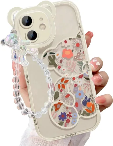 Vista 11 de Funda compatible con iPhone 8 Plus, bonito protector de cámara con diseño de oso de flores transparentes con bonita correa y cadena para niñas