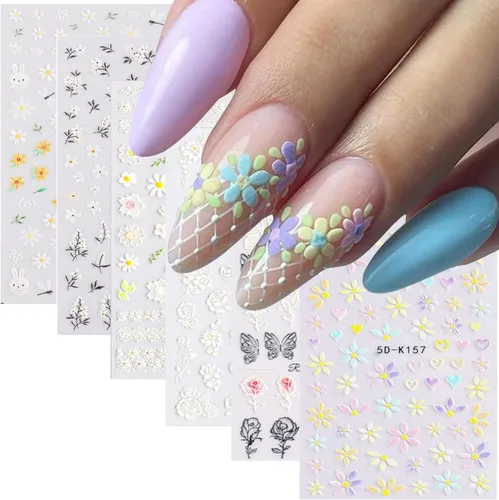 Vista 8 de Calcomanías de arte de uñas de flores, holográficas 5D en relieve de flores en relieve de corazón, calcomanías autoadhesivas para uñas, decoración
