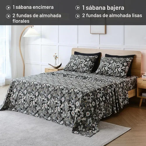 Vista 2 de JSD Juego de sábanas Queen con estampado floral de cachemira negra de 6