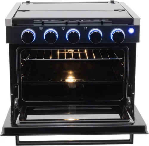 Vista 8 de Estufa RecPro RV Negra Rango de gas de 17" de alto Tres quemadores de 6500 y 8000 BTU Horno de 7100 BTU con capacidad de 1.24 pies cúbicos