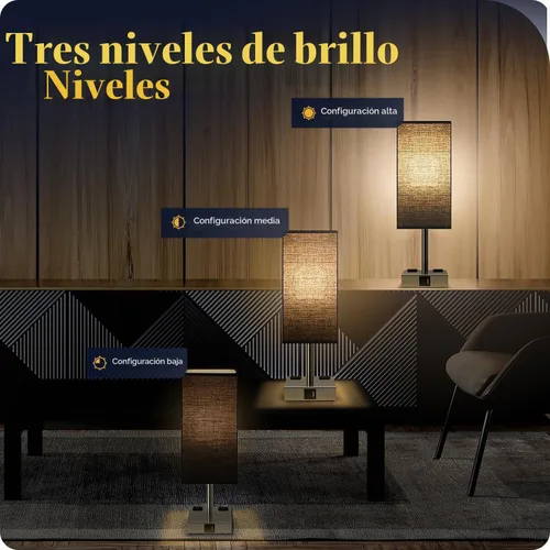 Vista 4 de Lámpara de noche con puertos USB - Lámpara de mesa de control táctil para dormitorio con puertos de carga USB C + A y salidas de AC, lámpara