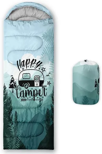 Vista 11 de Saco de dormir para adultos y niños, furgoneta de campamento de montaña verde, ligero, cálido, portátil, para interiores y exteriores, impermeable