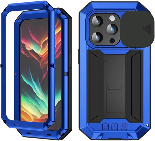 Vista 8 de FW - Funda de metal compatible con iPhone 15 Pro con cubierta deslizante para cámara deslizante, protector de pantalla integrado, funda híbrida