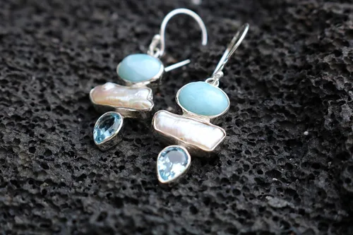Vista 3 de Pendientes Larimar Pearl Blue Topacio. Plata de Ley.