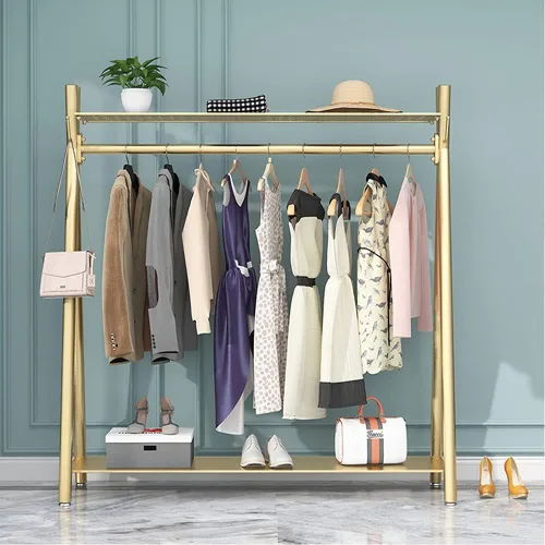 Vista 6 de Perchero industrial dorado independiente con estantes dobles, perchero móvil resistente para organizar ropa y zapatos (47 pulgadas de largo)