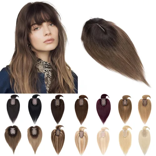 Vista 34 de SEGO Toppers para el cabello para mujer, cabello humano real con flequillo, 2.8 x 5.1 in, base de seda, 100% cabello humano Remy, clip en la parte