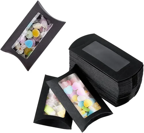 Vista 5 de Wzttdm 40 mini almohadas de papel kraft con ventana transparente, caja de embalaje de regalo para panadería, caramelos, chocolate, joyas, Negro