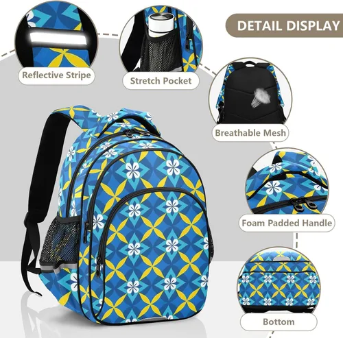 Vista 5 de Mochilas de mano para adolescentes y niñas, bolsa de libros para adolescentes y niños, paquete de día casual, azul y amarillo, flores vintage