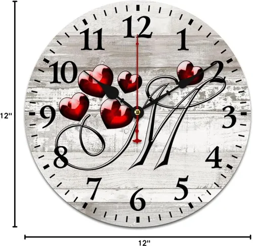 Vista 9 de Reloj de madera con monograma de corazón rojo, letra M, letra M, corazón floral, monograma, letra de interior, funciona con pilas, silencioso, sin