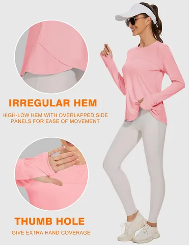 Vista 4 de Blingfit Camisas de entrenamiento para mujer, camisetas atléticas de manga larga UPF 50+, camisetas de protección solar con agujero para el pulgar