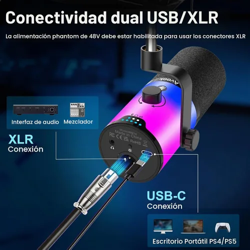 Vista 4 de Aveek Micrófono dinámico USB/XLR con brazo de brazo