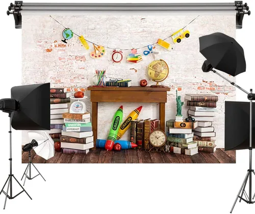 Vista 6 de Kate 6.5x6.5ft/2x2m Fondos de regreso a la escuela, libros de pared de ladrillo, papelería, fondos de globo, fondo de tela impresa por computadora