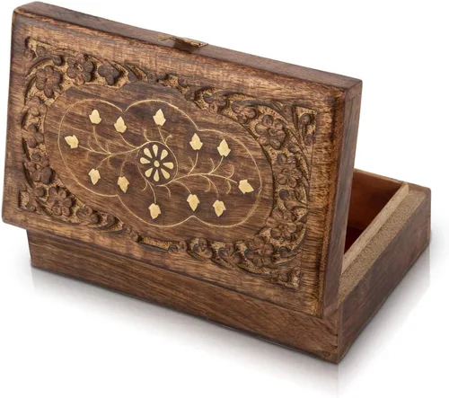 Vista 4 de Gran idea de regalo de cumpleaños, caja de joyería decorativa hecha a mano de madera con cerradura y llave, organizador de joyas, caja de recuerdo