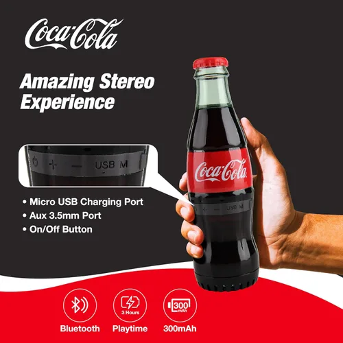 Vista 4 de Altavoz Bluetooth oficial en forma de botella Coca-Cola - Altavoz inalámbrico portátil con Bluetooth 5.0, graves profundos, entrada AUX, batería