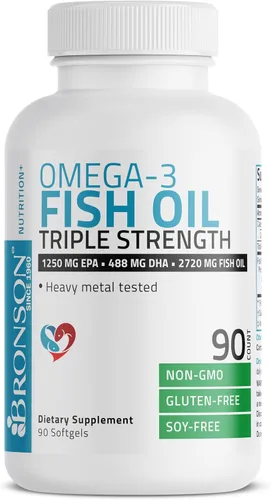 Vista 3 de Bronson Aceite de pescado Omega 3 de triple fuerza 2720 mg, alto contenido en EPA 1250 mg DHA 488 mg, sin OMG, probado para metales pesados, 90