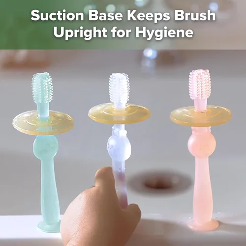 Vista 5 de haakaa Cepillo de dientes para bebé de 360° con base de succión - Limpieza suave para entrenamiento de autocepillado de niños pequeños, silicona