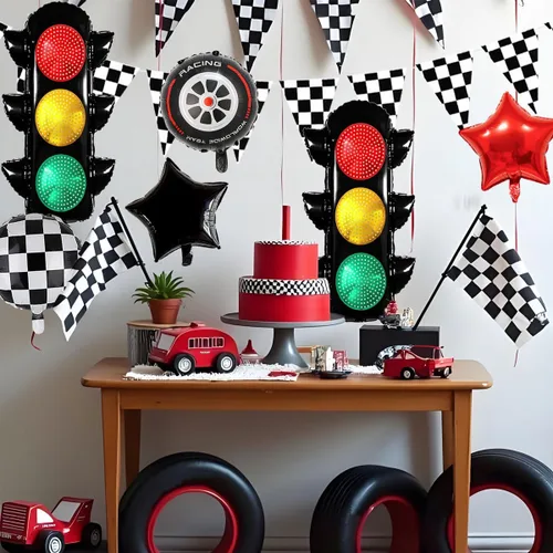 Vista 7 de Globos de carreras para decoración de fiesta de cumpleaños, globos de semáforo de 32 pulgadas, pancarta a cuadros, globos de neumáticos