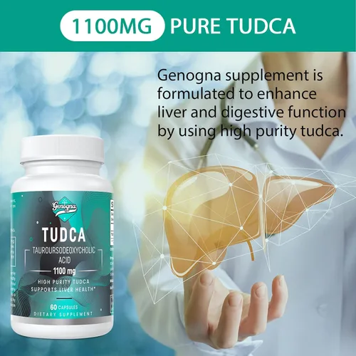 Vista 3 de TUDCA Suplemento de apoyo hepático de 1100 mg para limpieza desintoxicante, sales biliares solubles en agua con fuerte sabor amargo, 60 cápsulas