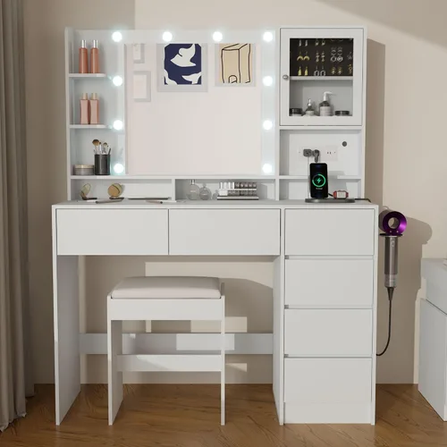 Escritorio de tocador con espejo y luces, mesa de tocador de maquillaje con 6 cajones y 3 estantes de almacenamiento, toma de corriente y taburete,