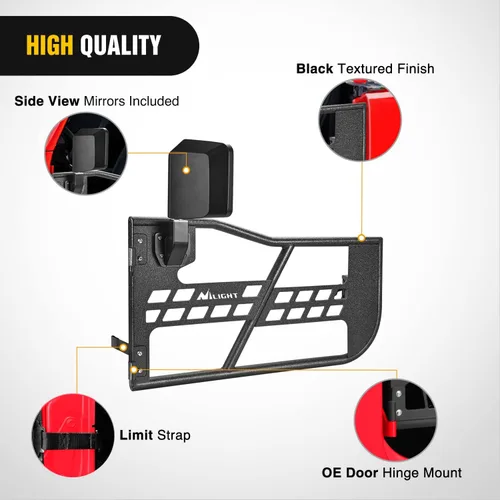 Vista 4 de Nilight Puertas tubulares delanteras todo terreno con espejos laterales Compatibles con 2018 2019 2020 2021 2022 2023 2024 2025 Wrangler JL 2020
