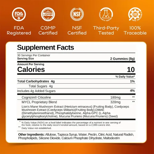 Vista 8 de MYCL Limitless 320 mg Cordyceps and Lions Mane - Gomitas de hongos para niños y adultos con 180 mg de citicolina de Cognizina, enfoque, claridad