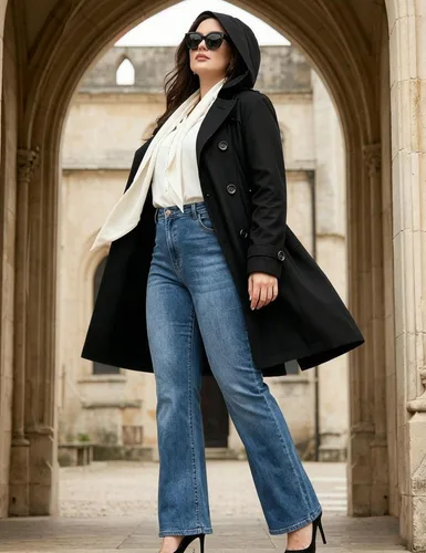 Vista 2 de Wantdo - Gabardina de mujer de talla grande con doble botonadura, impermeable, con solapa, abrigo elegante tipo pea con capucha desmontable Negro