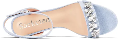 Vista 5 de Saekcted Sandalias de tacón medio grueso para mujer, con puntera abierta, correa al tobillo, con diamantes de imitación, zapatos de vestir casuales