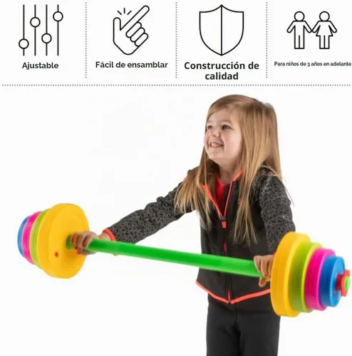 Vista 3 de Juego de Pesas para Niños - Barra con 8 Placas Ajustables - Gimnasio de Juego Interior para Niños Juego de Entrenamiento para Niños Pequeños