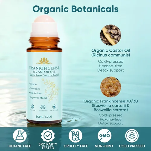 Vista 3 de Incienso y aceite de ricino, aceite de ricino roll-on con cuarzo rosa, 100% puro, orgánico, prensado en frío, reafirma la piel, reduce las líneas