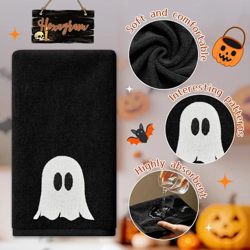 Vista 3 de Hexagram Toallas de mano de Halloween, toalla bordada, decoración de baño de Halloween Decoración de fantasma de gato, toallas negras, calabaza