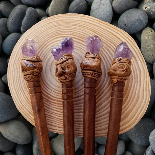 Vista 4 de Barra de pelo natural de piedra preciosa curativa de cuarzo ahumado con madera tallada a mano, regalos hechos a mano, estilo bohemio, reiki