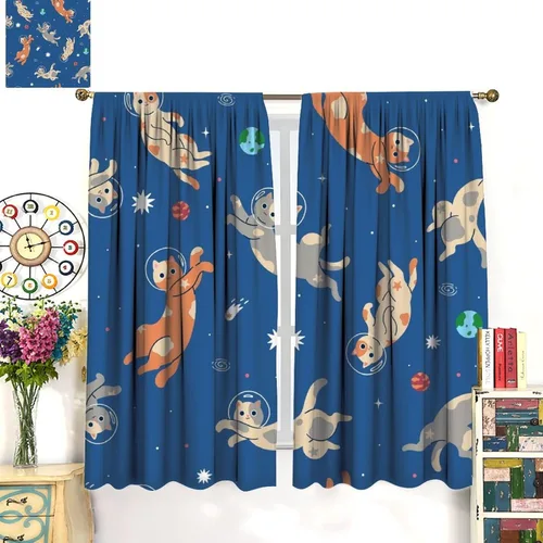 Vista 2 de Cortinas opacas de gato abstracto, arte simple, universo planeta, dibujos animados, lindo, divertido, colorido, gato, azul, niños, niñas, niños