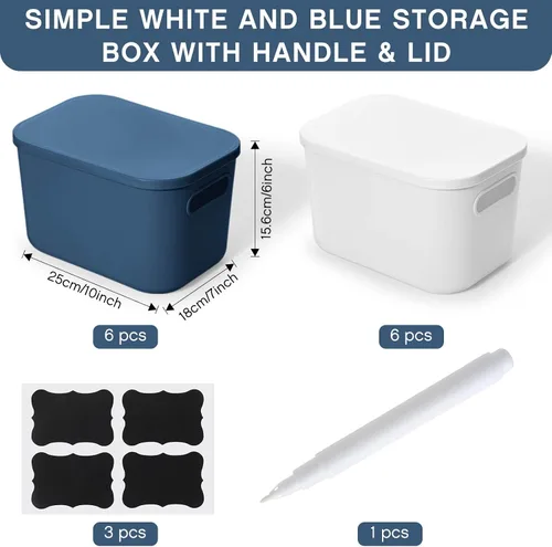 Vista 2 de Thyle Paquete de 12 contenedores de almacenamiento de plástico azul y blanco con tapas, contenedor de almacenamiento apilable para regreso a clases