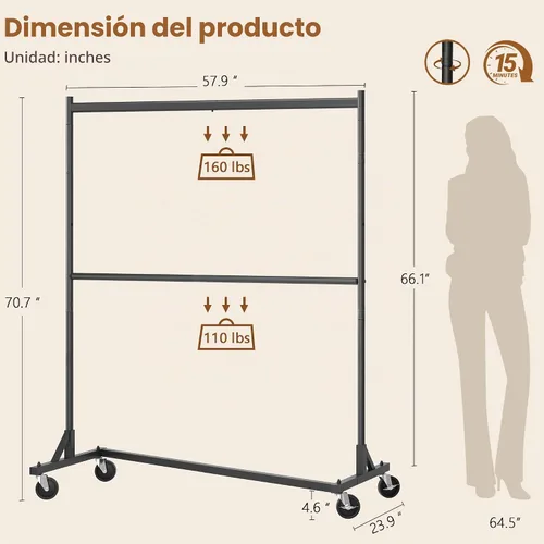Vista 9 de Hoctieon Estante de doble barra Z, estantes de ropa rodantes con base en Z, perchero ajustable para ropa, perchero de pie para ropa de pie, perchero
