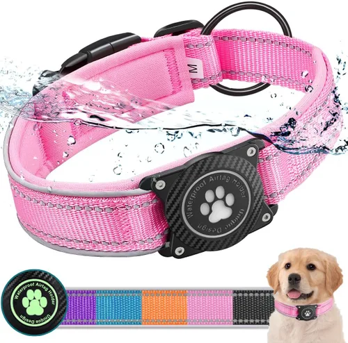 Vista 8 de Collar para perro Airtag con soporte impermeable para AirTag, luminoso reflectante, acolchado suave, collar de nailon ajustable para perros Negro