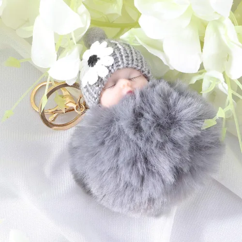 Vista 4 de Garneck Doll Pom Pom Llavero lindo mullido bebé muñeca llavero pompón mujeres coche llavero cartera bolsa teléfono colgante bolsa encanto gris