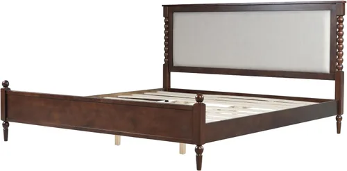 Vista 6 de Merax Base de cama de plataforma de madera maciza tamaño King, cabecera tapizada y eje clásico y con panel de tela, no necesita somier, capacidad