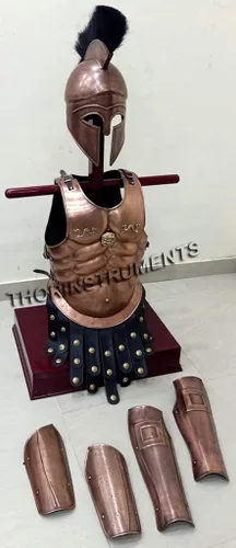Vista 2 de THORINSTRUMENTS (with device) Chaqueta muscular medieval de cobre, casco griego de cobre, protector de brazos y piernas y escudo, disfraz de larp