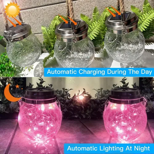 Vista 2 de Luces solares colgantes para exteriores, VGE Paquete de 2 luces de bola de vidrio agrietado con 30 LED decorativas, luces solares impermeables