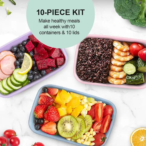 Vista 3 de shopwithgreen Recipientes de preparación de comidas, 1 compartimento, 10 unidades de paja de trigo para microondas con tapas, contenedores