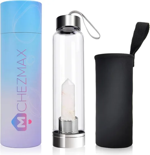 Vista 12 de ChezMax Botella de agua en cristal con centro de cristal natural intercambiable 18.6Oz, Natural Quartz Gemstone, Juice Container with Lid Sleeve