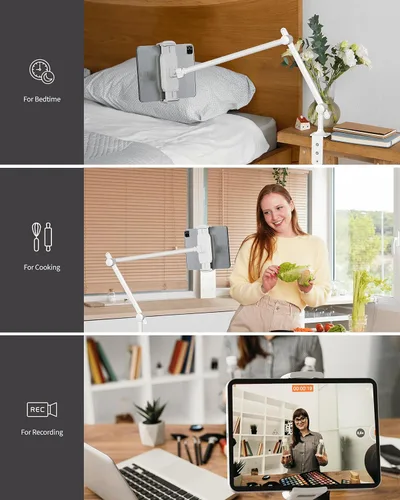 Vista 6 de ergounion Soporte de aluminio para tableta, soporte de abrazadera para iPad con brazo largo ajustable de 360°, soporte para iPad para escritorio