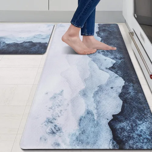 Vista 16 de MAYHMYO Juego de 2 tapetes de cocina antifatiga, diseño de mármol y azul, alfombrillas acolchadas y antideslizantes
